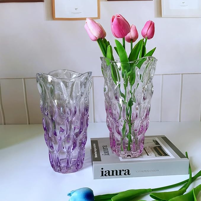 Unbreakable Flower Glass Vase 3.5lb 9.5inch Sparkle vase Bohemian Style, for Centerpieces,Kitchen,Office, Living Room,Wedding,Perfect Home Decor Glass Vase (Gradient Pink)