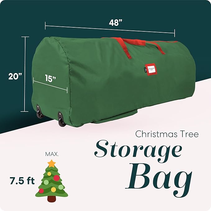 Handy Laundry Christmas Tree Storage Bag with Wheels – Fits 7.5 ft Artificial Tree, Heavy Duty, Large Zippered Holiday Storage Container for Ornaments & Decorations, Durable Handles, Green