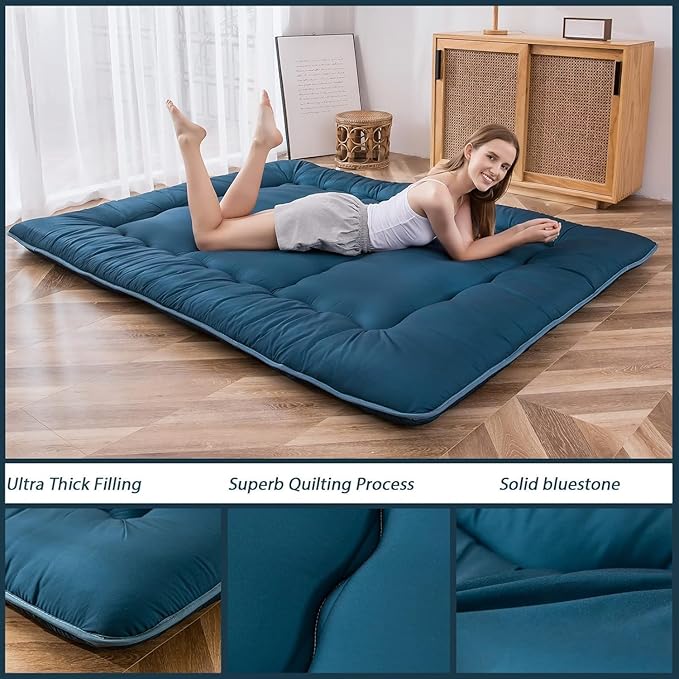 MAXYOYO Japanese Floor Mattress Futon Mattress, Thicken Sleeping Pad Foldable Roll Up Floor Futon for Adults Tatami Mat Dormitory Lounger, Bluestone, Full Size