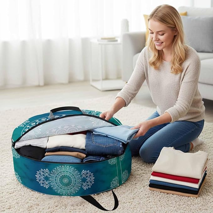 Storage Bag Teal Blue Boho Round Storage Totes Bins Closet Organizers with Zippers & Handle Gorgeous Bohemian Flower Clothes Storage Container for Bedroom Dorm Space Saving Packing Supplies Bags