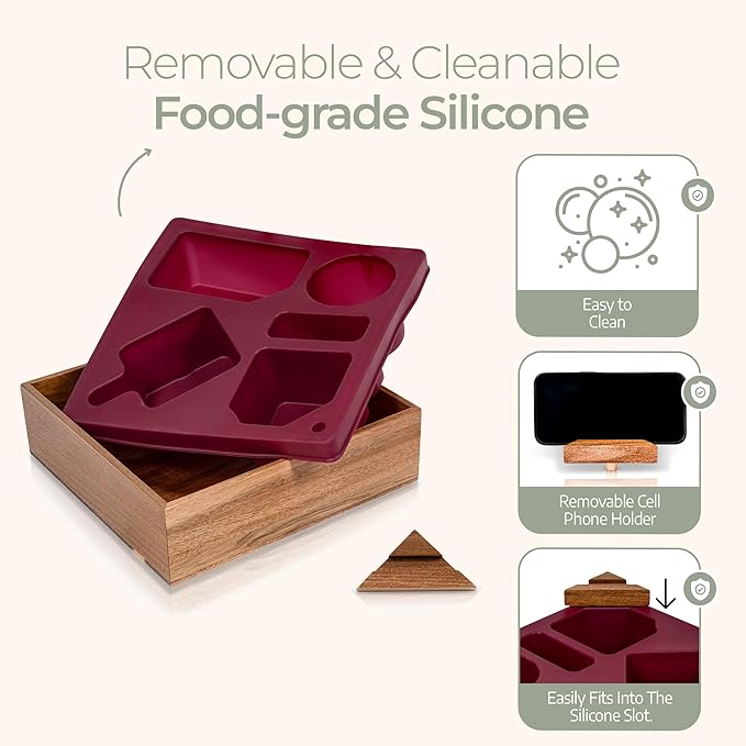 Silicone Couch Cup Holder Tray – Silicone Acacia Couch Caddy with Cup Holder & Phone Stand – Waterproof Anti-Spill Snack & Bed Caddy Organizer Sofa Tray for Drinks, Snacks, & Remotes (Maroon)