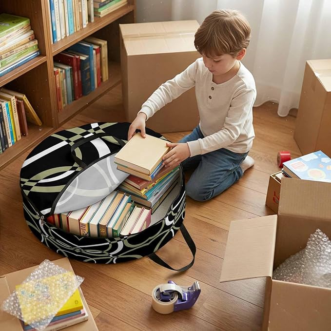 Storage Bag Sage Green Black Geometric Circle Round Storage Totes Bins Closet Organizers with Zippers & Handle Modern Abstract Lines Clothes Storage Container for Bedroom Space Saving Packing Supplies