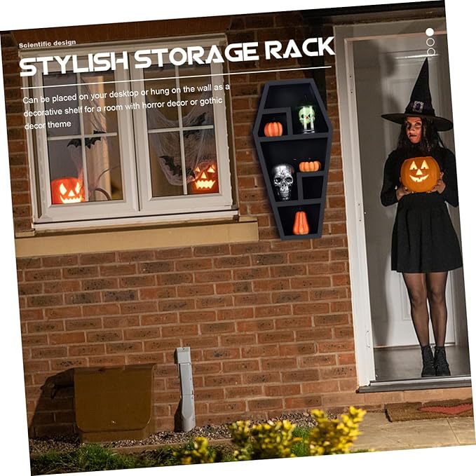FOMIYES Spooky Coffin Shelf Gothic Halloween Decor Compartment Display Rack for Creative Storage for Parties Haunted Houses and Festivals Coffin Design