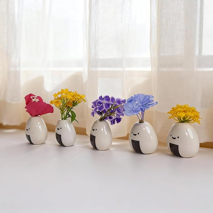 MOUGIGI 5 PCS Mini Flower Vase, Handmade Ceramic Rice Ball (Japanese Onigiri) Miniature Vases, Charming and Cute Design, Perfect for Dry Flowers - Bulk Bud Vases, Unique and Adorable Japanese Craft
