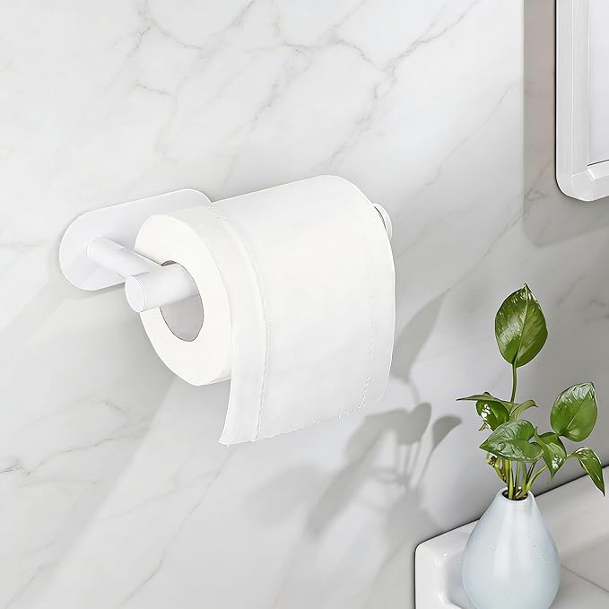 White Toilet Paper Holder, Self Adhesive Toilet Paper Roll Holder No Drilling Wall Mount for Kitchen, Bathroom, Toilet