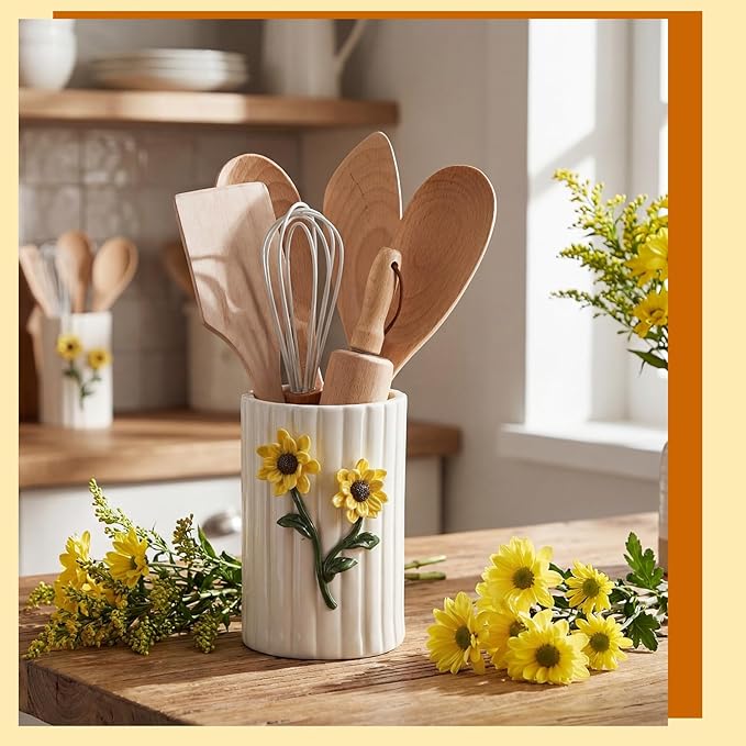 LemonRoad Ceramic Utensil Holder - 3D Sunflower Kitchen Decor, Countertop Cooking Tool Storage Crock for Spatulas, Whisks, Vase Decor Pen Holder for Gift