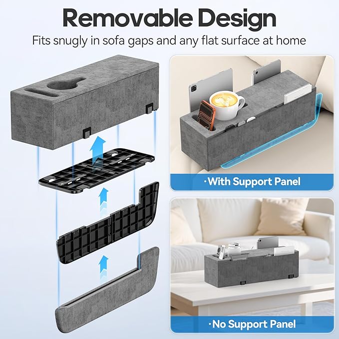 Sofa Armrest Couch Caddy with Cup Holder, Removable Couch Armrest Table Pillow Caddy Drink Holder Tray Insert Between Cushions, Sofa Accessory Storage for Remote,Glasses, Phone, iPad and Magazines