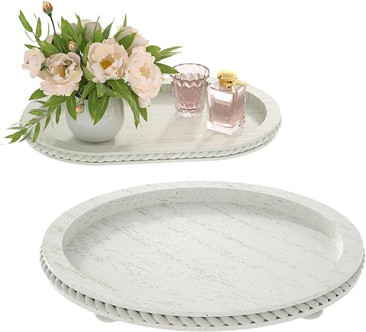 Urban Deco Wooden Tiered Tray, Oval and Round Tray Set of 2, Farmhouse Vintage Decorative Tray Stand for Coffee Table, White Serving Tray for Living Room Kitchen Home Decor - 1 Set