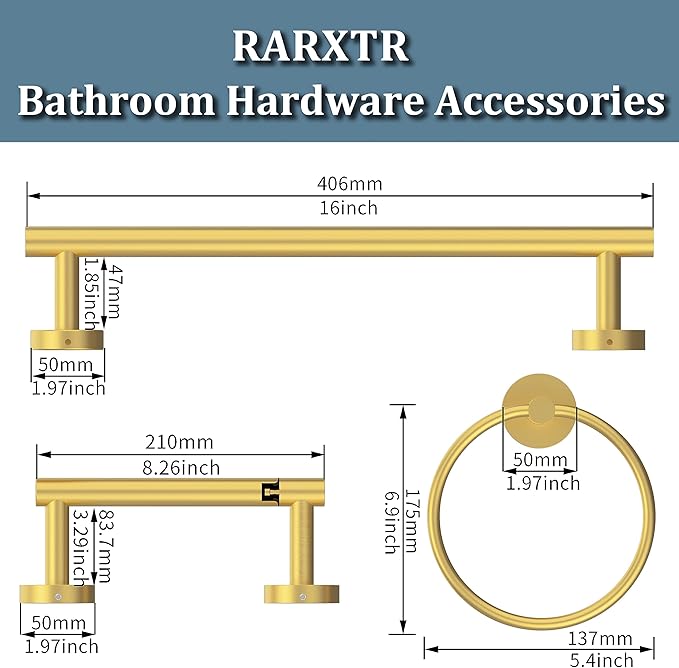 RARXTR 3pc Bathroom Hardware Set with Brushed Brass Toilet Paper Holder & Towel Ring & Towel Bar SUS304 Stainless Steel Toilet Paper Roll Holder Wall Mount & Bathroom Towel Holder & Towel Rack Set