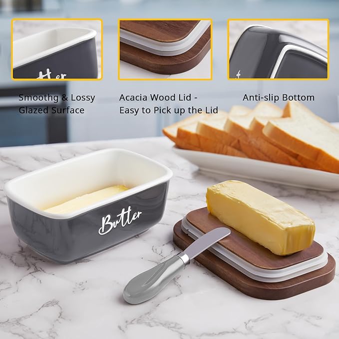 ALELION Ceramic Butter Dish with Lid and Knife for Countertop, Airtight Butter Keeper for Counter or Fridge, Butter Container with Thick Acacia Wood Lid, for Kitchen Decor and Accessories, Gray