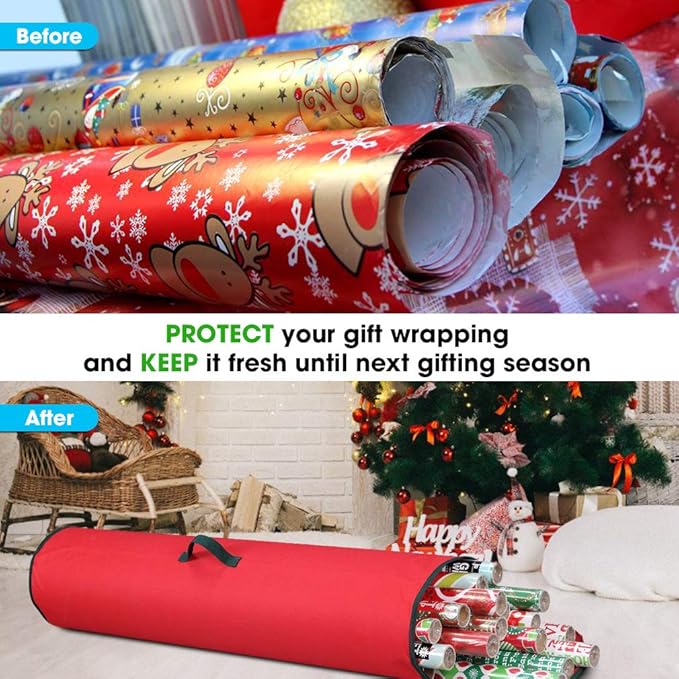 Primode Wrapping Paper Storage Bag | Wrapping Paper Organizer Under Bed for Storing Multiple Rolls of Gift Wrap, 40” Length Container Constructed of Durable 600D Oxford Material (Red)