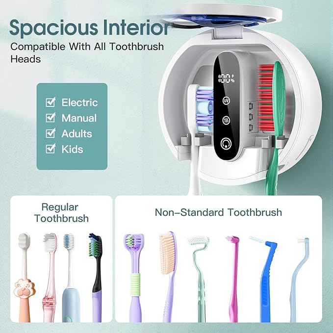 Upgraded UV Toothbrush Cleaner Holder, Toothbrush Holders Wall Mounted, Electric Toothbrush Holder for Bathroom, LED Smart Screen, Cleaning and Drying Fits All Toothbrushes for Home & Travel
