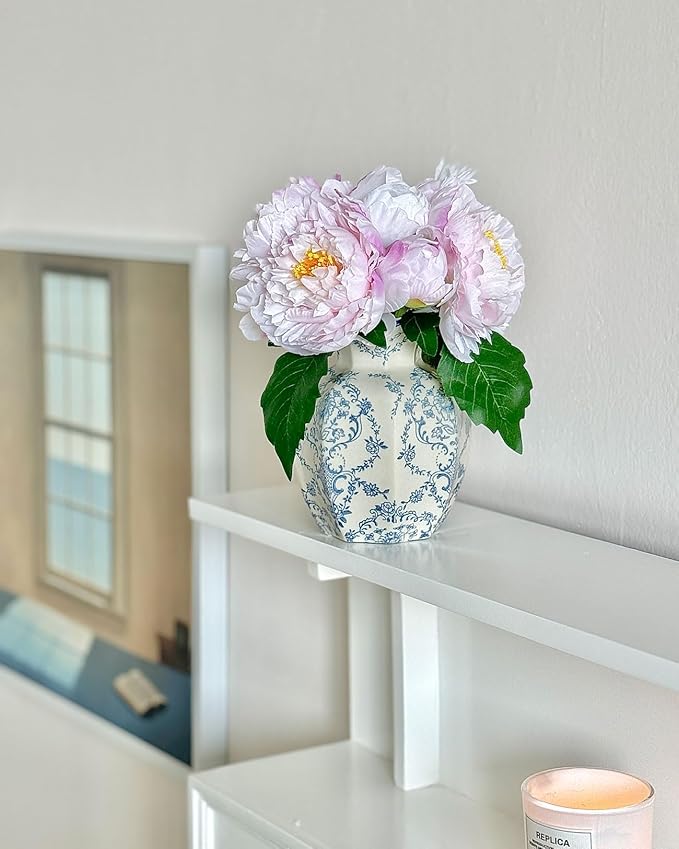 Vintage Blue Ceramic Vase, Small Blue and White Porcelain Decorative Flower Vase for Centerpiece Living Room Table Shelf, Chinoiserie French Country Decor