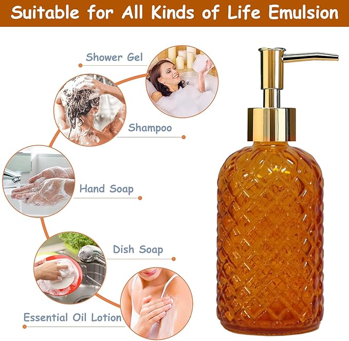Glass Soap Dispenser with Gold Plastic Pump, 13.5oz Refillable Liquid Hand Soap Dispenser, Crystal Lotion Bottle for Modern Home Decor, Bathroom, Kitchen Countertop, Hotel(Orange)