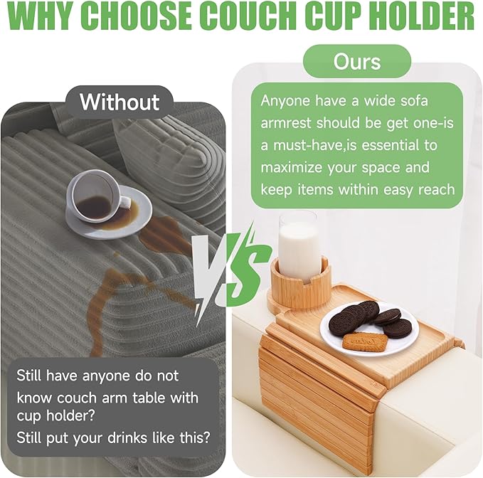 SINWANT Couch Cup Holder Tray,Large Bamboo Couch Armrest Table with Cup Holder,Foldable Anti-Slip Sofa Arm Tray for Coffee Cup,Water Bottles,Mug,Snacks,Remote