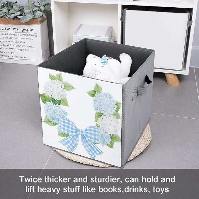 Watercolor White Hydrangea Flowers Wreath Cube Storage Bins Storage Cubes Foldable Decorative Fabric Storage Baskets Home Organizers with Handles for Shelves,Closet, 10.6 X 10.6 Inch