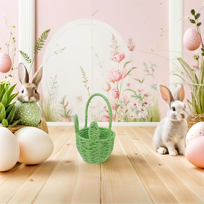 LOGOFUN Handwoven Paper Rope Bunny Ears Basket for Easter Egg Hunt Party Decoration and Candy Storage 8.2x4.9x3.3inches Green