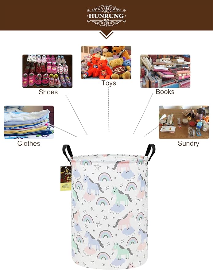 HUNRUNG Collapsible Fabric Storage Basket, Waterproof Laundry Hamper with Handles, Round Storage Bin for Clothes Toys, Foldable Organizer for Bedroom Nursery Bathroom(Round-Star Unicorn)