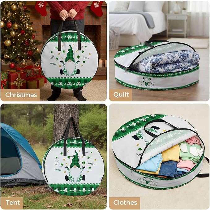 24 Inch Round Storage Bag 1 Pack,St. Patrick's Day Dwarf and Gold Coin Waterproof Wreath Storage Container with Handles&Zipper Clover Buffalo Checker Closet Organizer Bags Garland Box