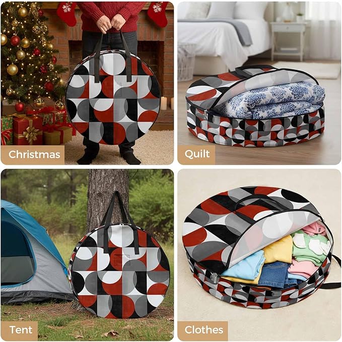 Storage Bag Mid Century Geometric Round Storage Totes Bins Closet Organizers with Zippers & Handle Abstract Modern Red Clothes Storage Container for Bedroom Dorm Space Saving Packing Supplies Bags