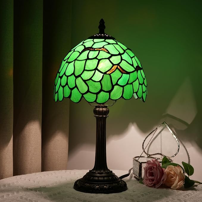 Tiffany Lamp Stained Glass Table Lamp 8X8X14 Inches Desk Reading Light Decor Beside Bedroom Living Room Home (H-1056- Green Leaf)