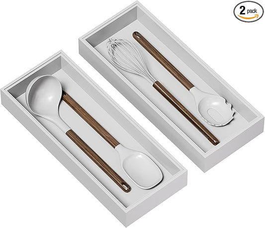 Lixple Kitchen Drawer Organizer - 2 Pack, Stackable Bamboo Drawer Organizers, Wooden Storage Box Tray for Cabinet, Pantry, Bathroom Countertop, Multi-use Organization and Storage (White)