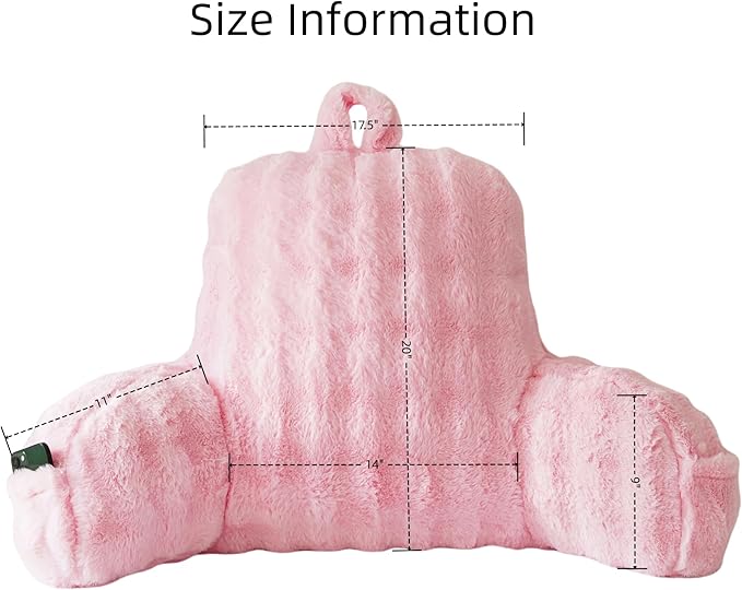 Yaoshuho Faux Fur Reading Pillow for Sitting in Bed, Large Backrest Bed Pillow with Arms, Back Support Pillow for Lounging Bedrest, Pink