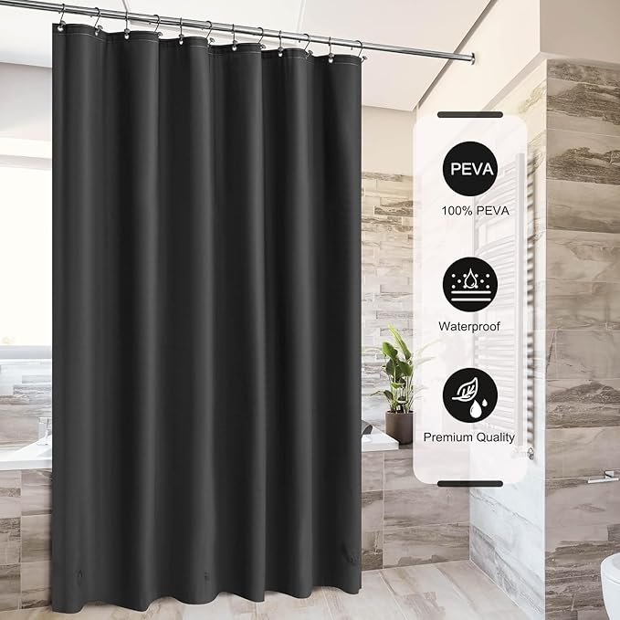 TIKABC Black Shower Curtain Liner, 4G PEVA Shower Liner, Plastic Waterproof Shower Curtains, 72x72 inch with Grommet Holes 3 Magnetic Weights(Black)