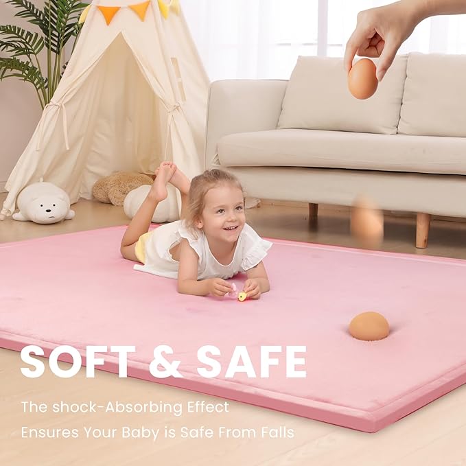 Extra Large 79"x118" Baby Activity Play Mat for Floor, 1.3" Thick Elasti Foam for Tummy Time & Crawling, Non-Slip Nursery Rug for Infants, Toddlers & Kids, Tatami Style Mat for Yoga, Living Room, Classroom & Playroom(Pink)