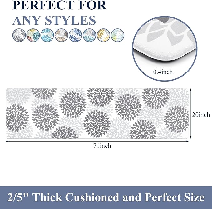 HEBE Kitchen Mat Cushioned Anti Fatigue 20"x71", Non Slip Kitchen Mats for Floor, Waterproof Ergonomic Comfort Standing Carpet Runner for Kitchen Sink, Home Office, Laundry Room