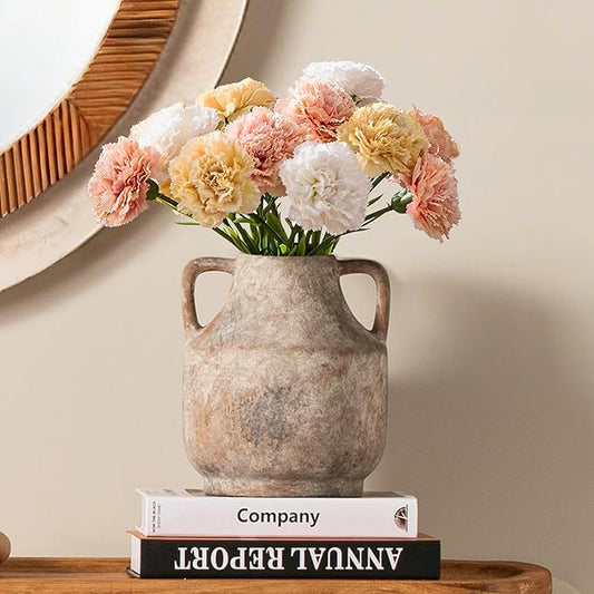 Mitt&Ditt Ceramic Flower Vase with Handles, 8 inch Tall Off-White Vase, Decorative Terracotta Vases, Farmhouse Rustic Pottery Vases for Home Decor, Living Room, Table
