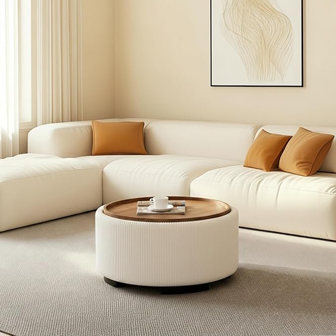 29.5 Inch Round Storage Ottoman Coffee Table,Modern Circle Coffee Table with Storage with Removable Lid Top and Solid Wood Legs,Large Round Ottoman for Bedroom,Living Room,Velvet,Beige