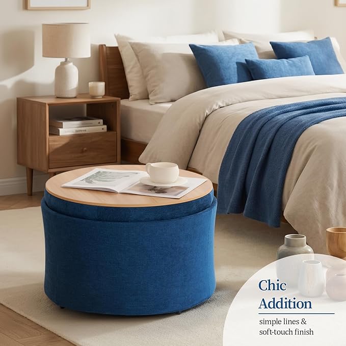 ONBRILL 25" Round Ottoman Coffee Table, Storage Ottoman with Lift-Off Lid, Multifunctional Foot Rest & Hidden Storage, Sturdy Steel Frame for Bedroom, Living Room, Corners, Apartment