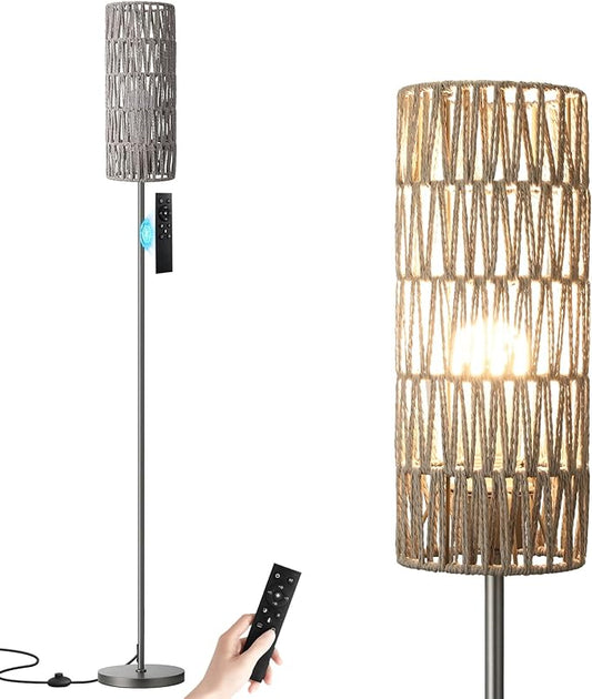 Ambimall 64'' Floor Lamps for Living Room with Remote Control and Stepless Dimmable Colors Temperature & Brightness, Boho Grey Standing Lamp with Grey Rattan Shade