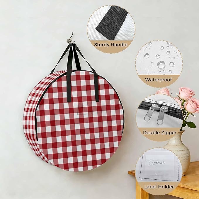 24 Inch Round Storage Bag 1 Pack,Farmhsoue Christmas Red White Buffalo Check Waterproof Wreath Storage Container with Handles&Zipper Rural Style Closet Organizer Bags Garland Box