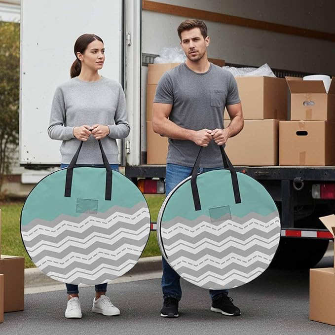 Storage Bag Turquoise Gray Waves Round Storage Totes Bins Closet Organizers with Zippers & Handle Chevron Stripe Clothes Storage Container for Bedroom Dorm Space Saving Packing Supplies Moving Bags