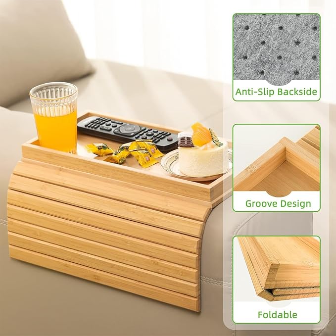 WCHOSOZH Bamboo Sofa Arm Tray with 2Pcs Cup Mats, Foldable Sofa Armrest Tray Side Table, Anti-Dropping Couch Armrest Table Cup Holder for Eats Drinks Snacks Remote Cellphone