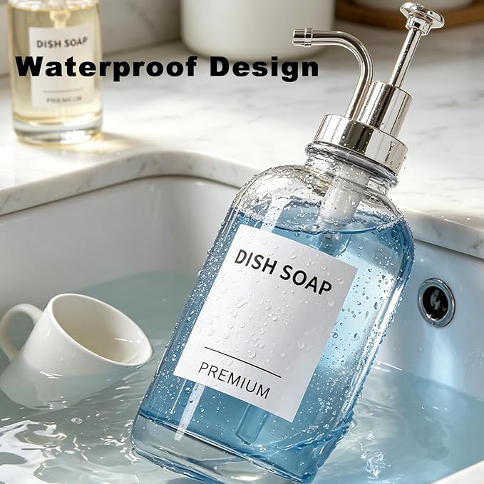 Dish Soap Dispenser for Kitchen, Hand Glass Soap Dispenser Set with Pump, Tray, Funnel for Bathroom, Shower, Laundry, Liquid, Lotion (Silver 2 Pack 18 Oz Clear Bottles with 12 Stickers)
