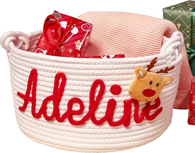 Personalized Christmas Cotton Rope Basket - Custom Holiday Gift Basket with Name - Festive Storage Organizer for Holiday Decor & Seasonal Gifts (STYLE-A)