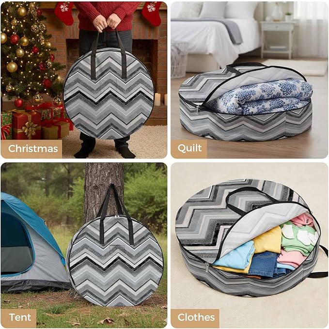 Storage Bag Grey Chevron Round Storage Totes Bins Closet Organizers with Zippers & Handle Geometric Design Stripe Clothes Storage Container for Bedroom Dorm Space Saving Packing Supplies Moving Bags