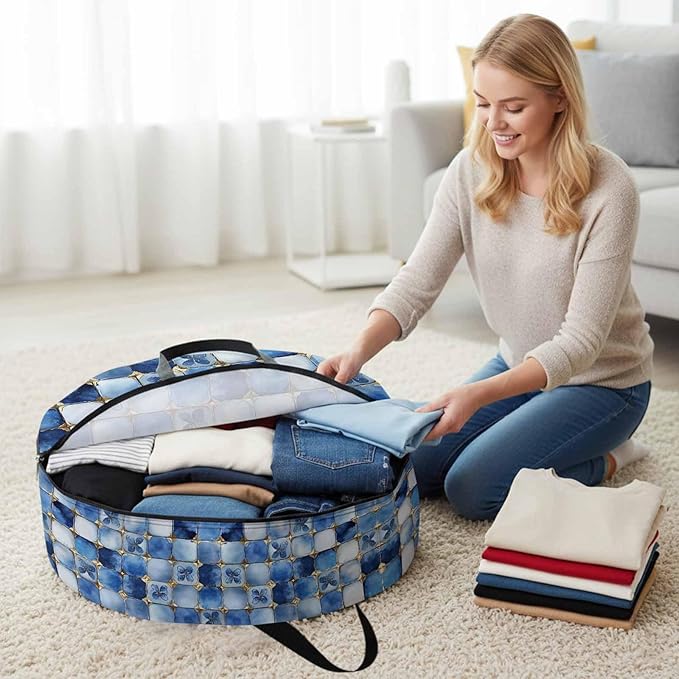 Blue Crystal Flower Round Storage Bag 24 Inch, Irregular Texture Clothes Storage Container with Handles Heavy Duty Organizer for Comforter, Bedding & Holiday Wreaths