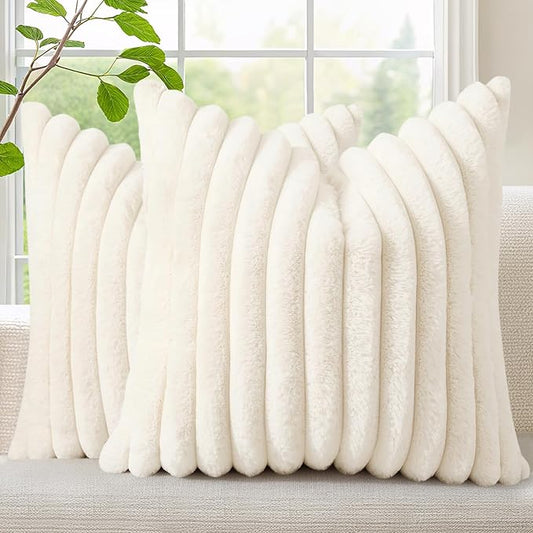 decorUhome Summer Cozy Faux Fur Throw Pillow Covers 16x16 Set of 2 Decorative Soft Plush Striped Modern Farmhouse Boho Couch Pillow Cases with Velvet Back for Sofa Bed Living Room, Cream White