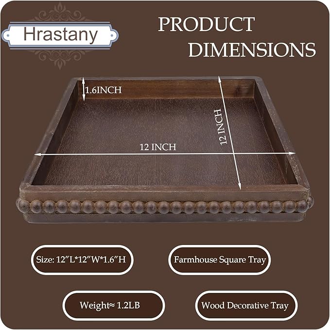 Hrastany Square Wood Decorative Tray, Rustic Coffee Table Serving Tray for Ottoman, Farmhouse Kitchen Counter Organizer, Bedroom, Home Decor(Retro Brown)