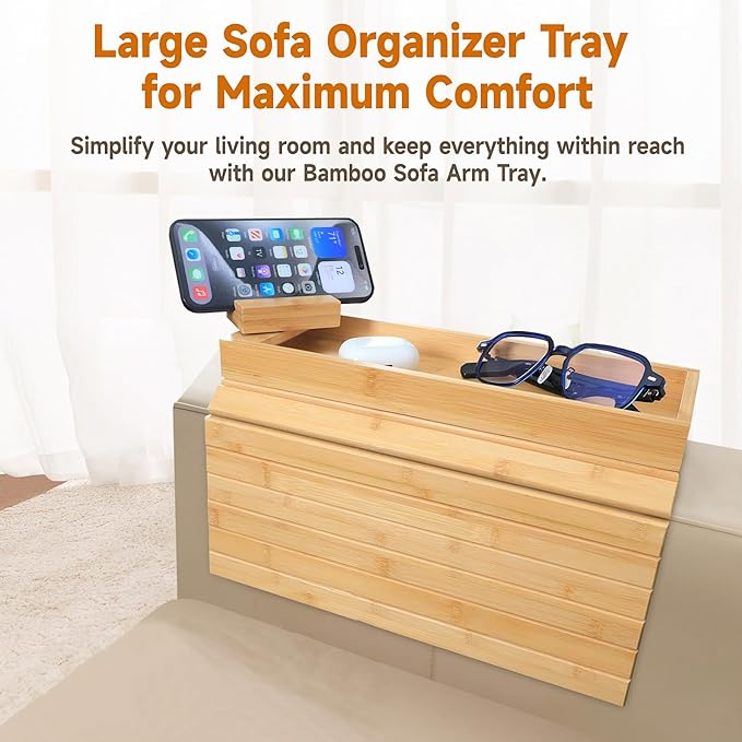 Bamboo Sofa Arm Tray – 2-in-1 Magnetic Detachable Couch Cup Holder & Armrest Table with Anti-Slip Pad, Convenient Tray for Drinks, Snacks & More,Natural