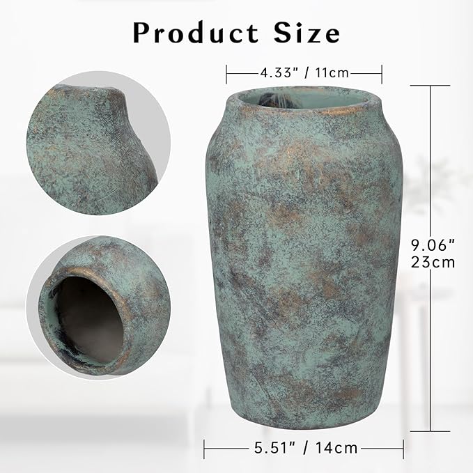 Briful Rustic Vintage Ceramic Vase, 9.06'' Farmhouse Table Decor with Wide Mouth, Large Decorative Vase for Home Decor, Living Room, Entryway & Shelf Styling, Patina
