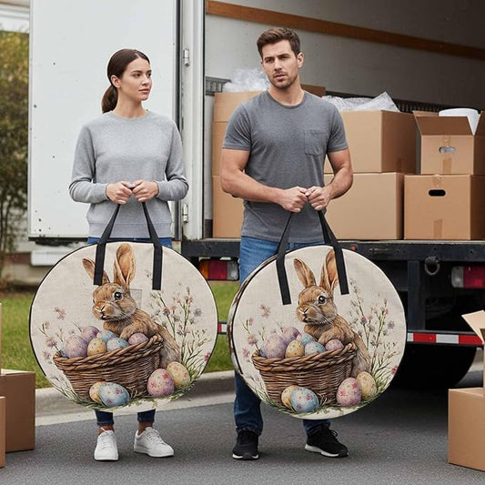 24 Inch Round Storage Bag 2 Pack,Rabbit Easter Egg Basket on Linen Waterproof Wreath Storage Container with Handles&Zipper Colorful Spring Flower Closet Organizer Bags Garland Box