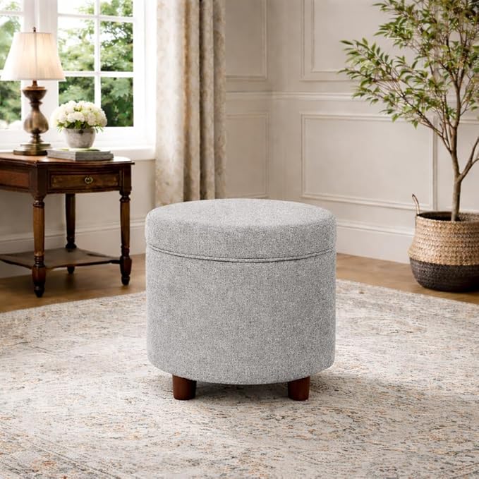 Homepop Home Decor | Upholstered Round Storage Ottoman | Ottoman with Storage for Living Room & Bedroom, Light Gray Tweed Large