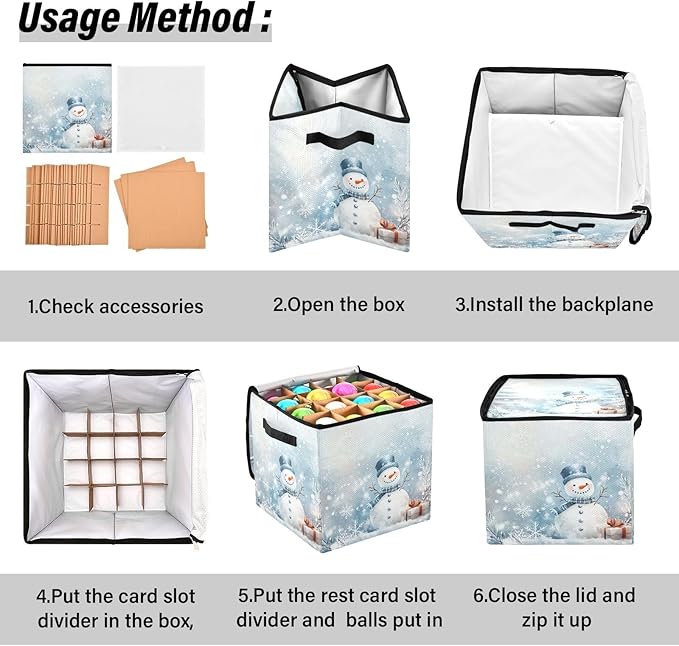 Snowman Jingle Bells Christmas Ornament Storage Basket Box Winter Snowflake Blue Silver Holiday Storage Container Cube with Adjustable Dividers for 64 Holiday Ornaments or Decorations
