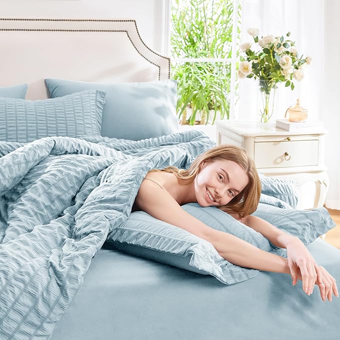 CozyLux Queen Comforter Set Light Blue Seersucker 7 Pieces Bed in a Bag Queen Comforter Set with Sheets, Luxury Soft Bedding Set with Down Alternative Comforter, Sheets, Pillowcases & Shams All Season