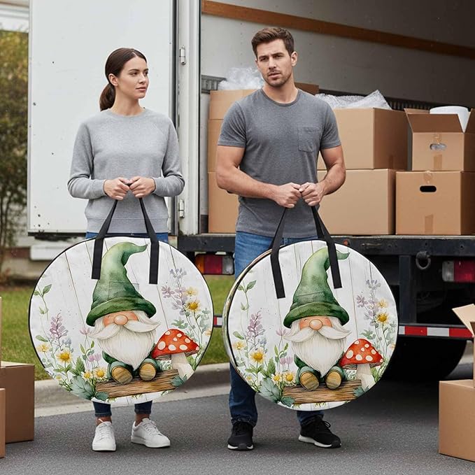 Spring Round Storage Bag 24 Inch, Country Green Gnome Mushroom Floral Retro Wood Grain Clothes Storage Container with Handles Heavy Duty Organizer for Comforter, Bedding & Holiday Wreaths